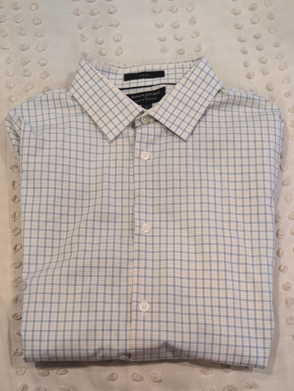 Banana Republic Men’s White Dress Shirt with Light Blue Check